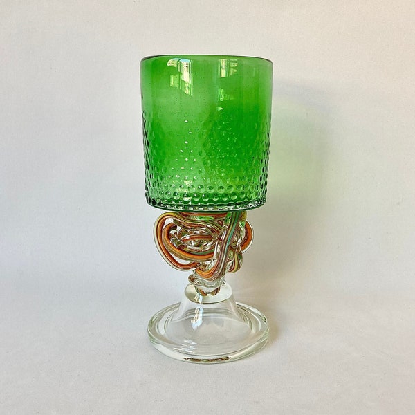 Unique Vintage Hand Blown Candle Holder, Bright Green with Rainbow Glass Noodles