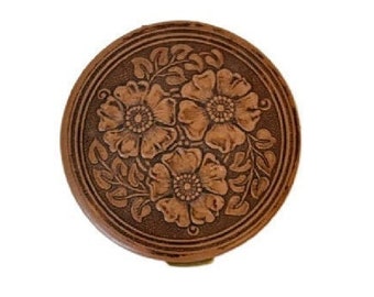 Vintage Rex Fifth Avenue Powder Compact Large 4 1/2", Leather Embossed Flowers, GROOVY