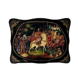 Vintage Russian Palekh Box Hand Painted Fairytale Scene Black Lacquer Footed Trinket Box, Signed by Artist, Folk Art