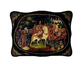 Vintage Palekh Lacquer Trinket Box, Russian Fairytale Art, Signed