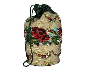 Antique Victorian Dolly Bag Micro Beaded Evening Bag Purse with Crocheted Top Drawstring, Floral, NO MISSING BEADS, Circa Early 1900's