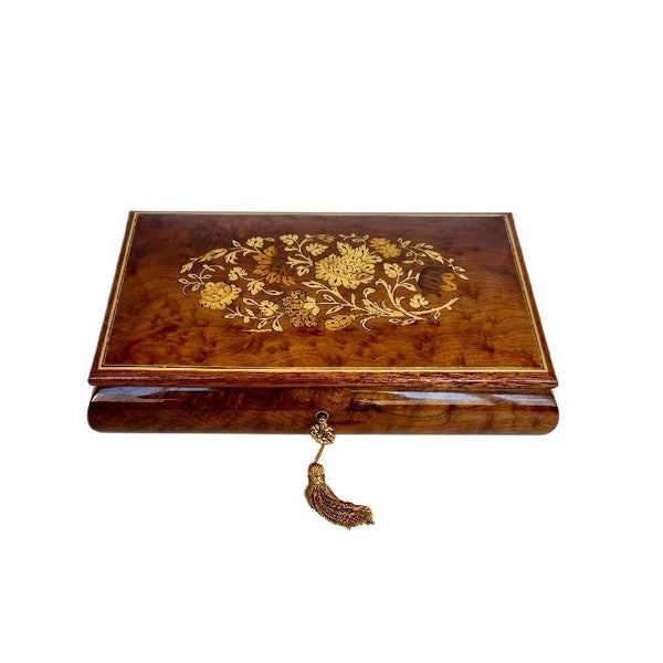 Vintage Large 10.5" Long Sorrento Italian Burl Wood Inlaid Flowers Jewelry Music Box Reuge "Für Elise" with Working Lock & Key, Circa 1990's