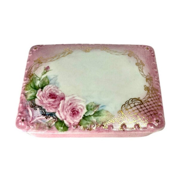 Vintage Hand Painted Pink Roses Porcelain Jewelry, Trinket box, Divided, Gold Accents, Circa 1950s