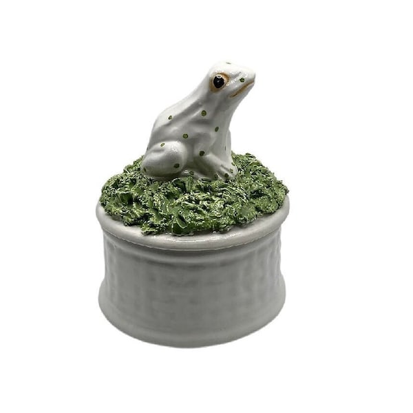 Vintage Italian Porcelain Frog on Grass Round Trinket, Jewelry, Keepsake Box, Hand painted, Hand Crafted