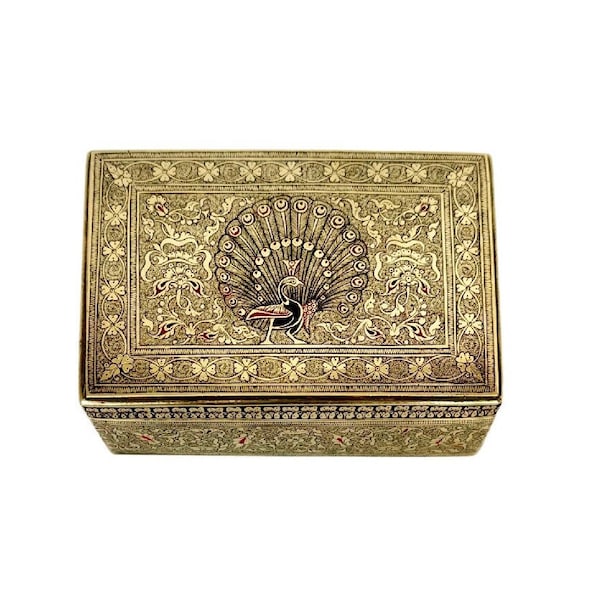 Antique Early 20th Century Asian Solid Brass Peacock Box, Hand Engraved and Enameled