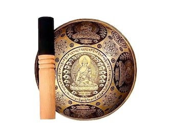 Tibetan Bronze Singing Bowl 10 1/2", Himalayan Hand-Beaten, Heavy Carved, Medicine Buddha.