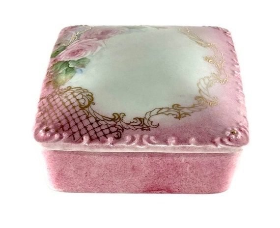 Vintage Hand Painted Pink Roses Porcelain Jewelry, Tr… - Gem
