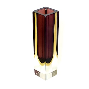 Vintage 1950s Mid Century Modern Murano Sommerso Geometric Dark Red and Yellow Vase, Art Glass, Italy