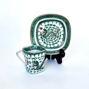Pair of Vintage YT Japanese Green Dragon 2 of Porcelain Tea Cup & Saucer Set, Made in Hong Kong,