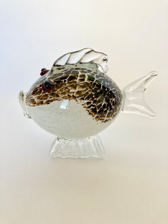 Vintage Hand Blown Glass Puffer Fish Brown & White Leopard Etsy