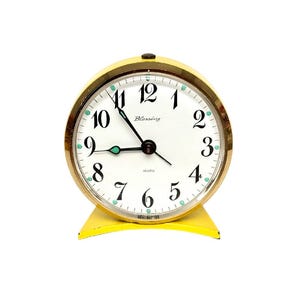Vintage MCM West Germany 1950&#39;s Blessings Atomic Yellow Small Analog Windup Alarm Clock, Working with Uranium Accents