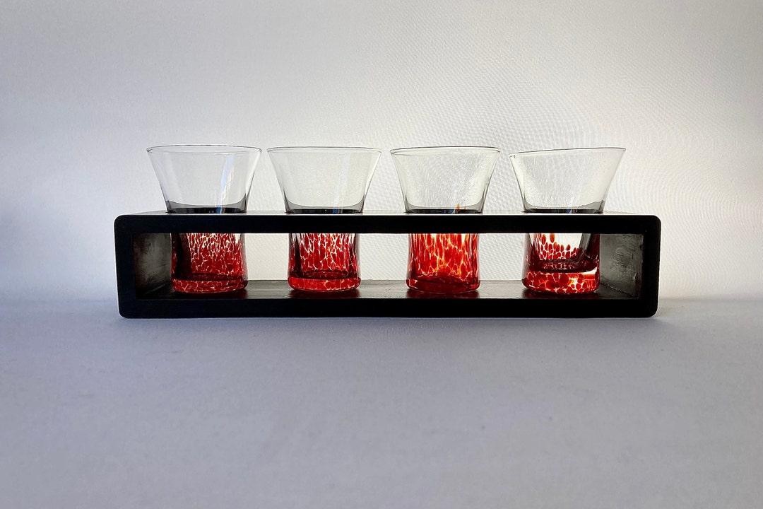 Vintage Shot Glass Caddy With 4 Hand Blown Red Speckled Shot Etsy
