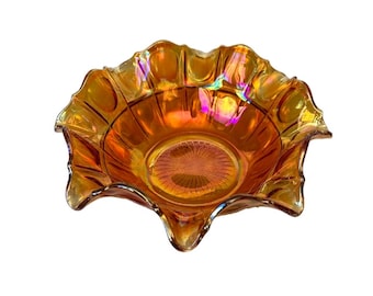 Vintage Imperial Marigold Carnival Glass Bowl: Ruffled Rim, Thumb Print Design