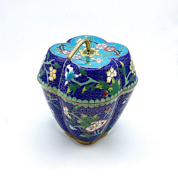 Vintage Cloisonné Apple Trinket Box, Asian Enamel… - image 1