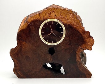RARE Live Edge - Burlwood Knot Clock, Mid Century Modern Desk or Tabletop Clock, Cherry Wood, MCM, Circa 1960s