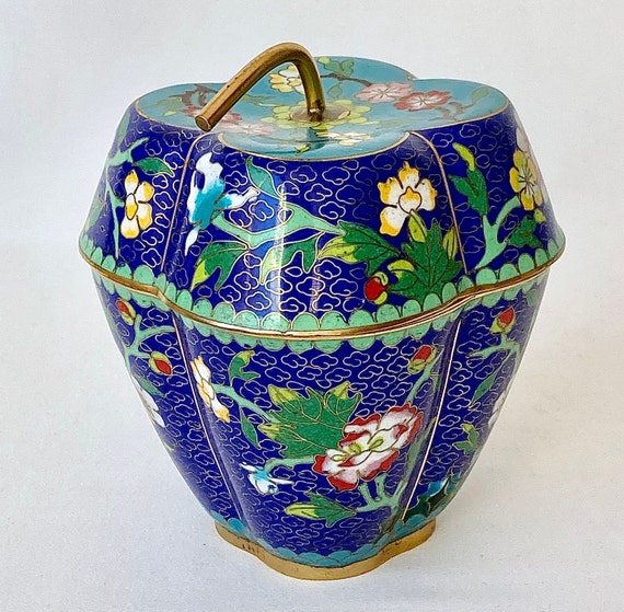 Vintage Cloisonné Apple Trinket Box, Asian Enamel… - image 2