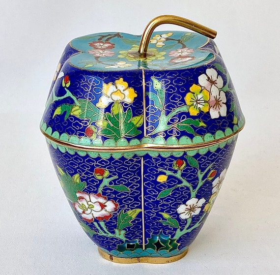 Vintage Cloisonné Apple Trinket Box, Asian Enamel… - image 3