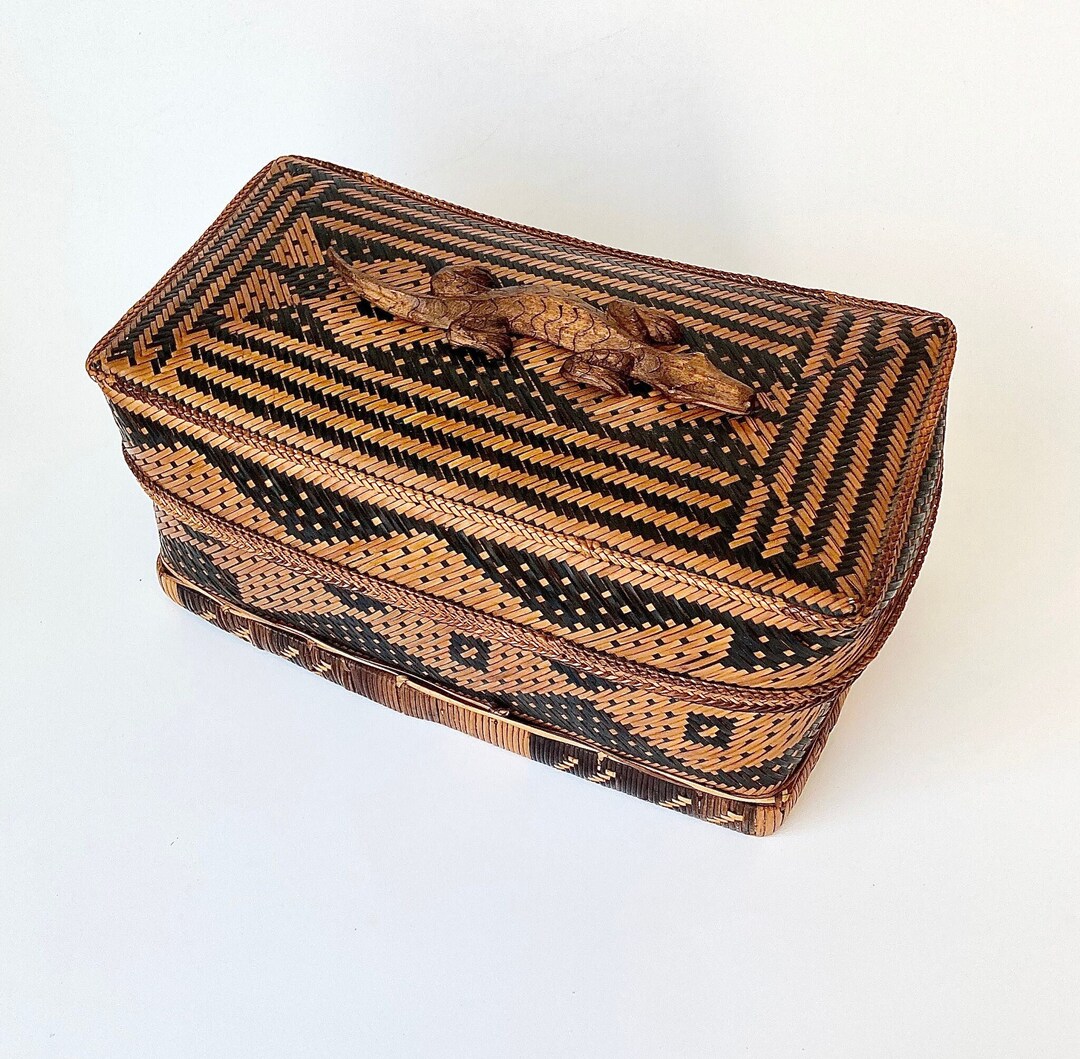 Vintage Asian Alligator Rattan Basket Box Hand Woven 3 Color Etsy
