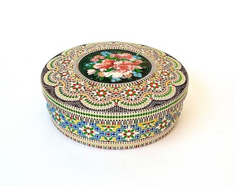 Vintage 1960s Daher Round Ornate Tin, Hand Painted, Multicolored, Embossed, Floral, Home Decor, Made in England