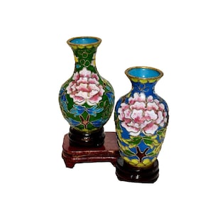 Vintage pair of Two Miniature Cloisonné Vases Green & Blue with 3 Stands, Large Pink and White Flower 3&quot;