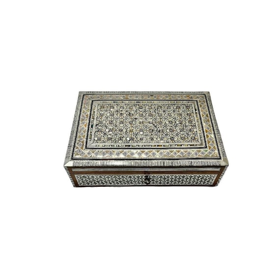 Vintage Marquetry Wood Box, Mother of Pearl, Bone… - image 1