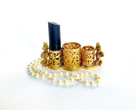 Gold Plated Filigree Poodle Vintage Lipstick Holder, Style Built NY