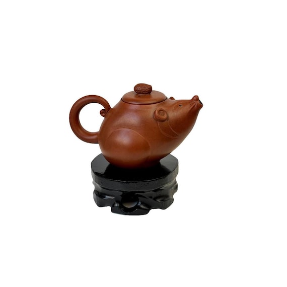 Collectible Yixing Zisha Purple Clay Teapot: Little Ratty, Signed, Wood Stand