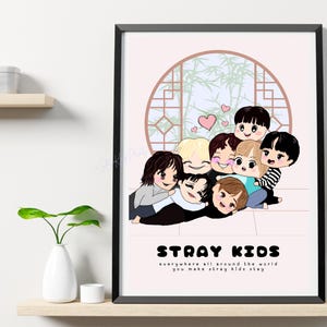Impresión artística digital de Stray Kids: Abrazo grupal, póster de 8 miembros de SKZ, tamaño A4 y A5, decoración de habitación Kpop, ilustración chibi