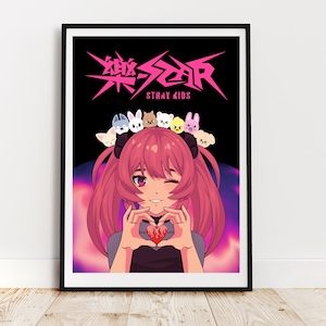 Impresión artística de Stray Kids Rock Star, descarga digital, póster de Skzoo SKZ, tamaños A4 y A5, juego, anime Kpop en negro y rosa