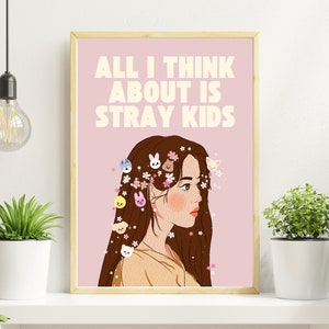 Arte de Stray Kids Skzoo, descarga digital, póster de SKZ, All I Think About Is Stray Kids, conjunto de tamaños A4 y A5, técnica mixta, chica coreana