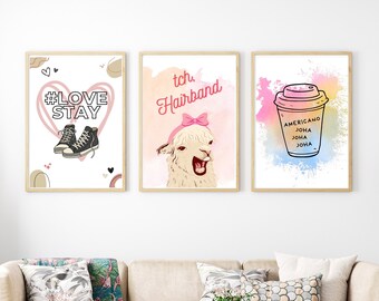 May include: Three framed prints with a pink and white color scheme. The first print features a pink heart with the text "#LOVE STAY" and a pair of black sneakers. The second print features a white llama with a pink headband and the text "tch. Hairband". The third print features a watercolor background with a coffee cup and the text "Americano Joha Joha Joha".