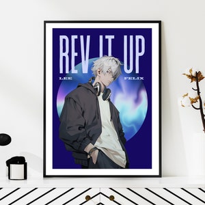 Stray Kids Felix Anime Art Print Descarga digital, Póster Yongbok Rev It Up SKZ, Conjunto de tamaños A4 y A5, Decoración de la habitación Kpop en azul