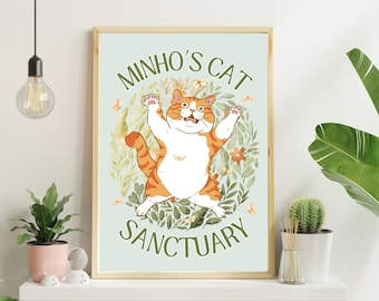 Stray Kids Lee Know Art Print Digital Download, Minho&#39;s Cat Sanctuary Kpop SKZ Poster, A4 and A5 Sizes Set, Sage Green Orange Cat Botanical