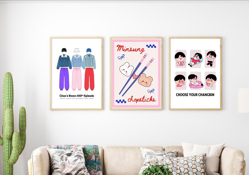 Stray Kids Minsung konsttryck digital nedladdning, SKZ Han Jisung och Lee Know affisch, söt Kpop rumsdekor, A4 och A5 storlekar set, ätpinnar bild 4