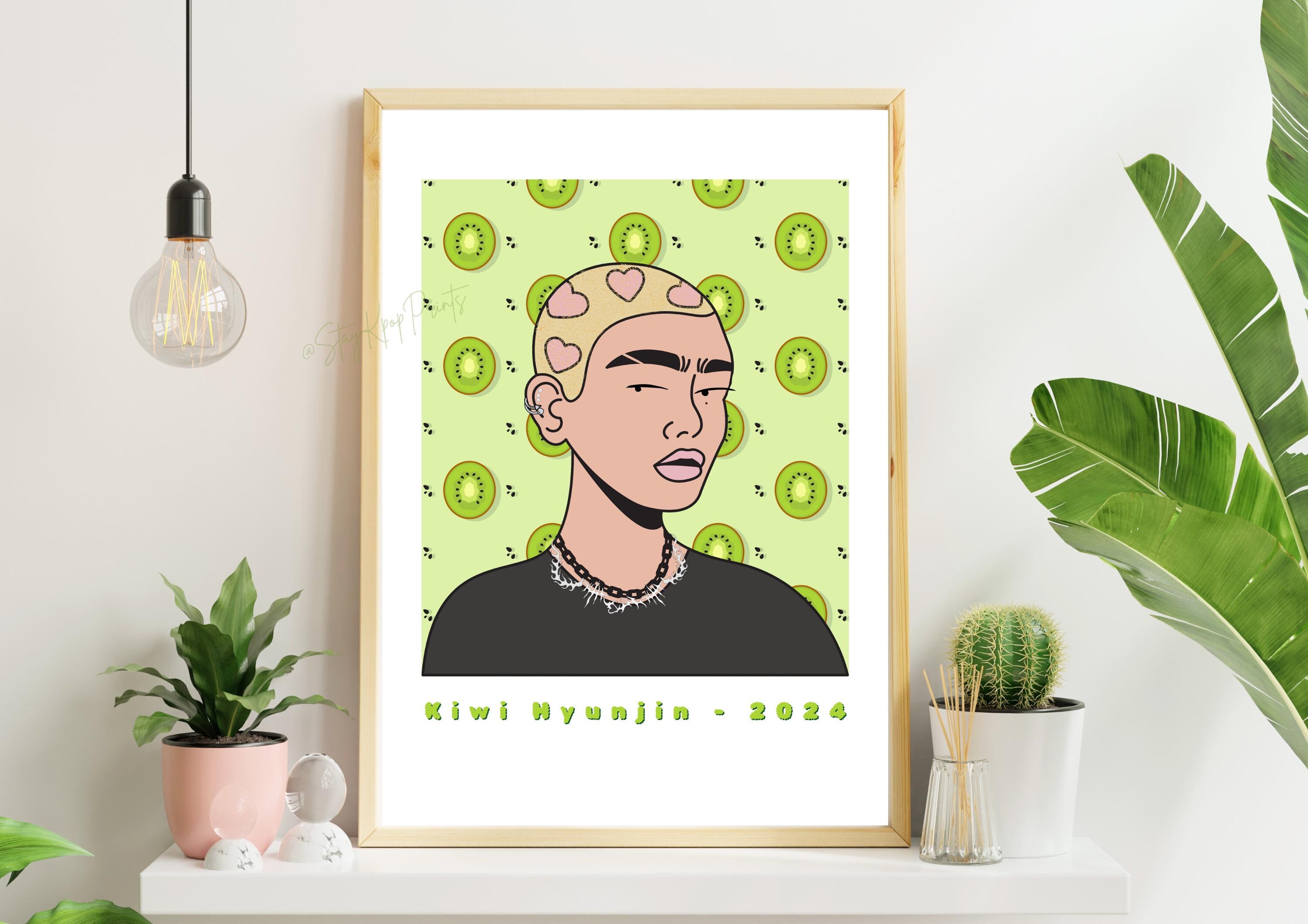 Kiwi Hyunjin Art Print Digital Download, Stray Kids Hyunjin Poster, A4 and A5 Sizes Set, SKZ Meme Illustration, Kpop Room Decor in Green