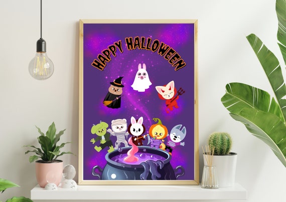Stray Kids Halloween Skzoo Art Print Digital Download, SKZ Poster A4 and A5 Sizes Set, Kpop Halloween Decor, Gothic Cauldron Magical Purple