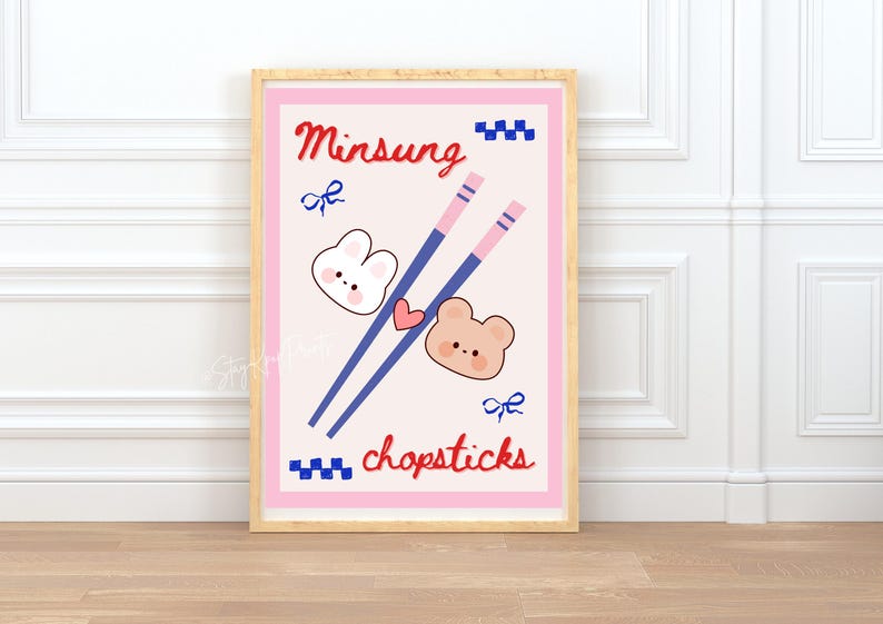 Stray Kids Minsung konsttryck digital nedladdning, SKZ Han Jisung och Lee Know affisch, söt Kpop rumsdekor, A4 och A5 storlekar set, ätpinnar bild 3