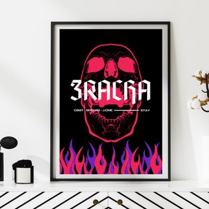 May include: A black and white poster featuring a red skull graphic and the text "3RACHA" in white. The text "CB97 SPEARD - JONE" and "STAY" are also in white.