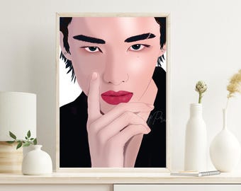May include: A framed portrait of a person with dark hair and striking features. The person is depicted with a finger touching their lips, wearing a black top, and bold red lipstick. The artwork is displayed on a white shelf.