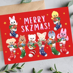 Descarga digital de arte navideño de Stray Kids, tarjeta de felicitación navideña de Skzoo SKZ, juego de tamaños A4 y A5, póster de impresión de pared festivo de Kpop, Stay Fandom