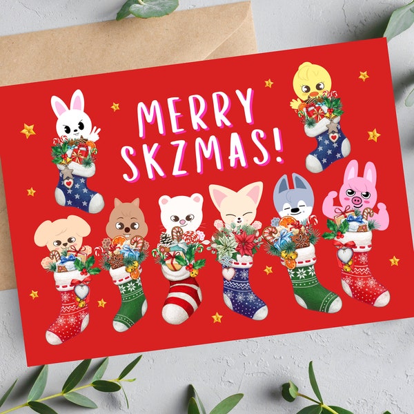 Stray Kids Christmas Art Digital Donwload, Skzoo SKZ Xmas Greeting Card, A4 and A5 Sizes Set, Kpop Festive Wall Print Poster, Stay Fandom