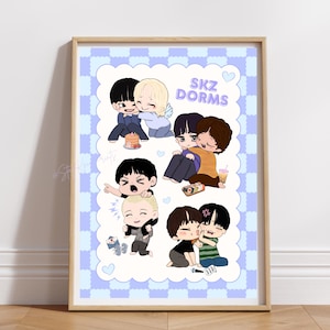 Póster digital de dormitorios de SKZ, arte de fans de Stray Kids, tamaño A4 y A5, decoración de habitación Kpop, ilustración chibi.