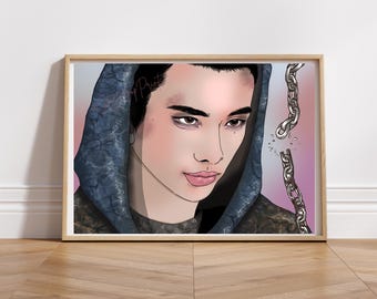 May include: A framed art print featuring a stylized portrait of a person in a hooded jacket. The artwork has a soft color palette with a broken chain graphic. The person's face is the focal point, with a thoughtful expression.