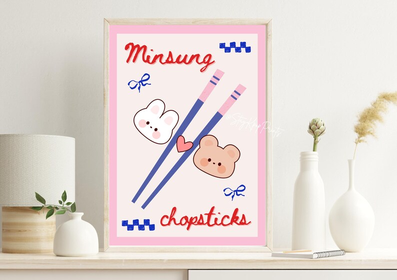 Stray Kids Minsung konsttryck digital nedladdning, SKZ Han Jisung och Lee Know affisch, söt Kpop rumsdekor, A4 och A5 storlekar set, ätpinnar bild 5