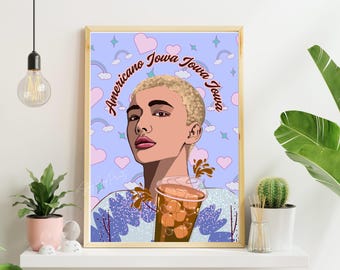 May include: A digital illustration of a person with short blonde hair holding a glass of iced coffee. The background is a light blue with pink hearts and rainbow clouds. The text "Americano Iowa Iowa Iowa" is written in a brown cursive font.