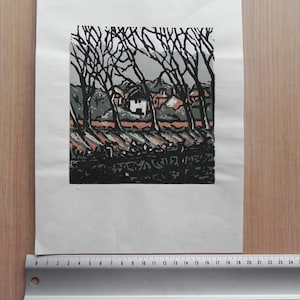 original linoprint - &#39;view from the garden&#39;