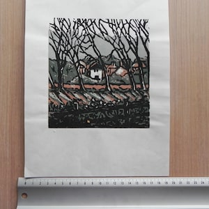 original linoprint - 'view from the garden'