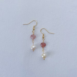 Sweetheart Earrings Strawberry Quartz & Freshwater Pearl Handmade Earrings