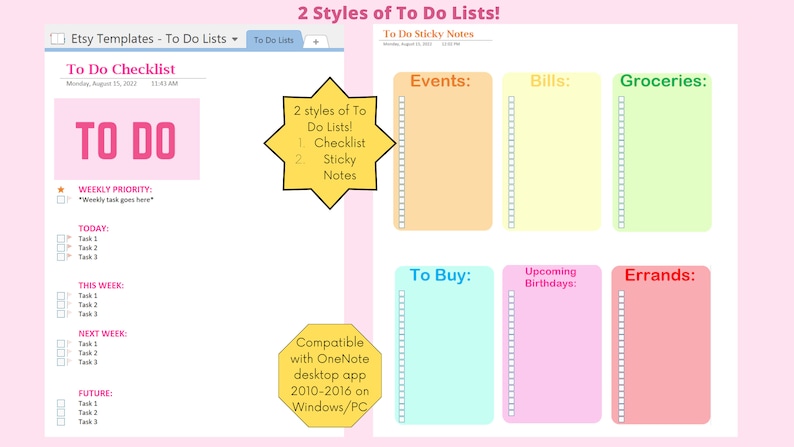 May include: A printable to-do list template in pink, yellow, and green. The template includes two styles of to-do lists: a checklist and sticky notes. The checklist style has sections for today, this week, next week, and future. The sticky notes style has sections for events, bills, groceries, to buy, upcoming birthdays, and errands.