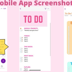 May include: Three screenshots of a mobile app for creating to-do lists. The first screenshot shows a list of to-do categories, including "To Do Checklist", "To Do Headers", and "To Do Sticky Notes". The second screenshot shows a to-do list with sections for "Today", "This Week", "Next Week", and "Future". The third screenshot shows a to-do list with sections for "Events" and "To Buy".